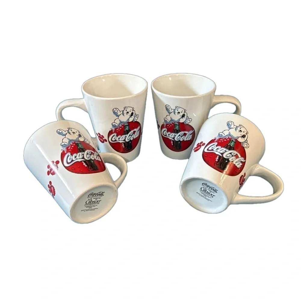 Set of 4 Coca Cola white and red coffee mugs with handles
